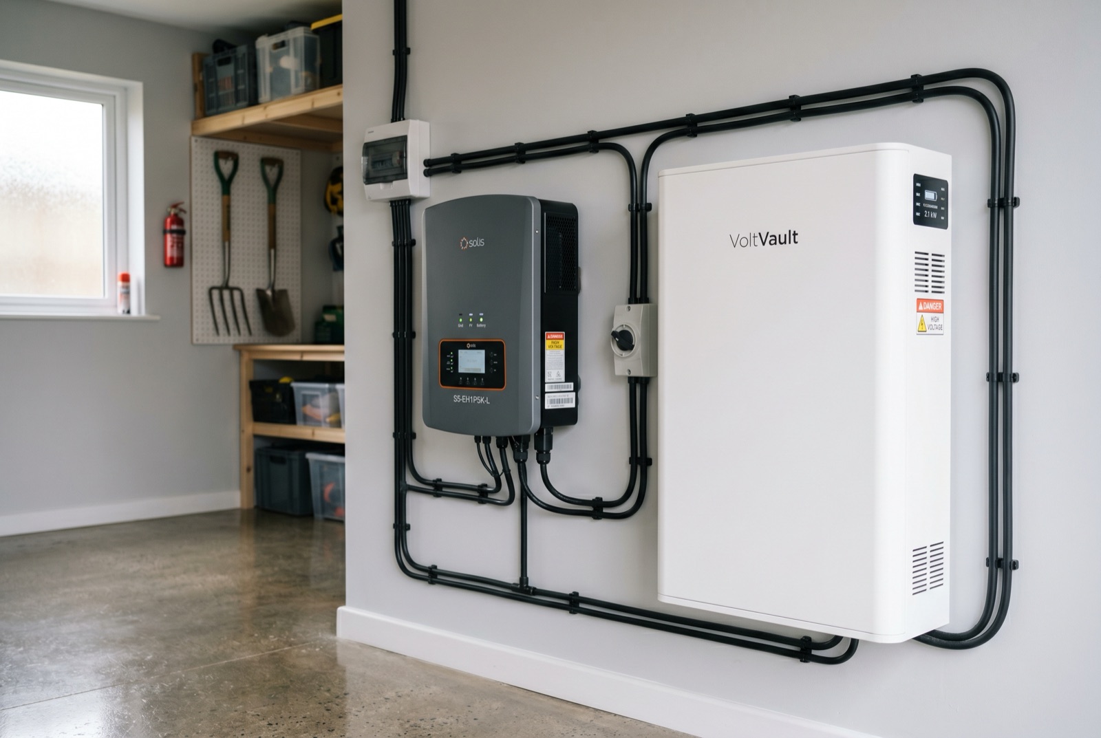 A home battery storage unit and inverter installed in a UK garage
