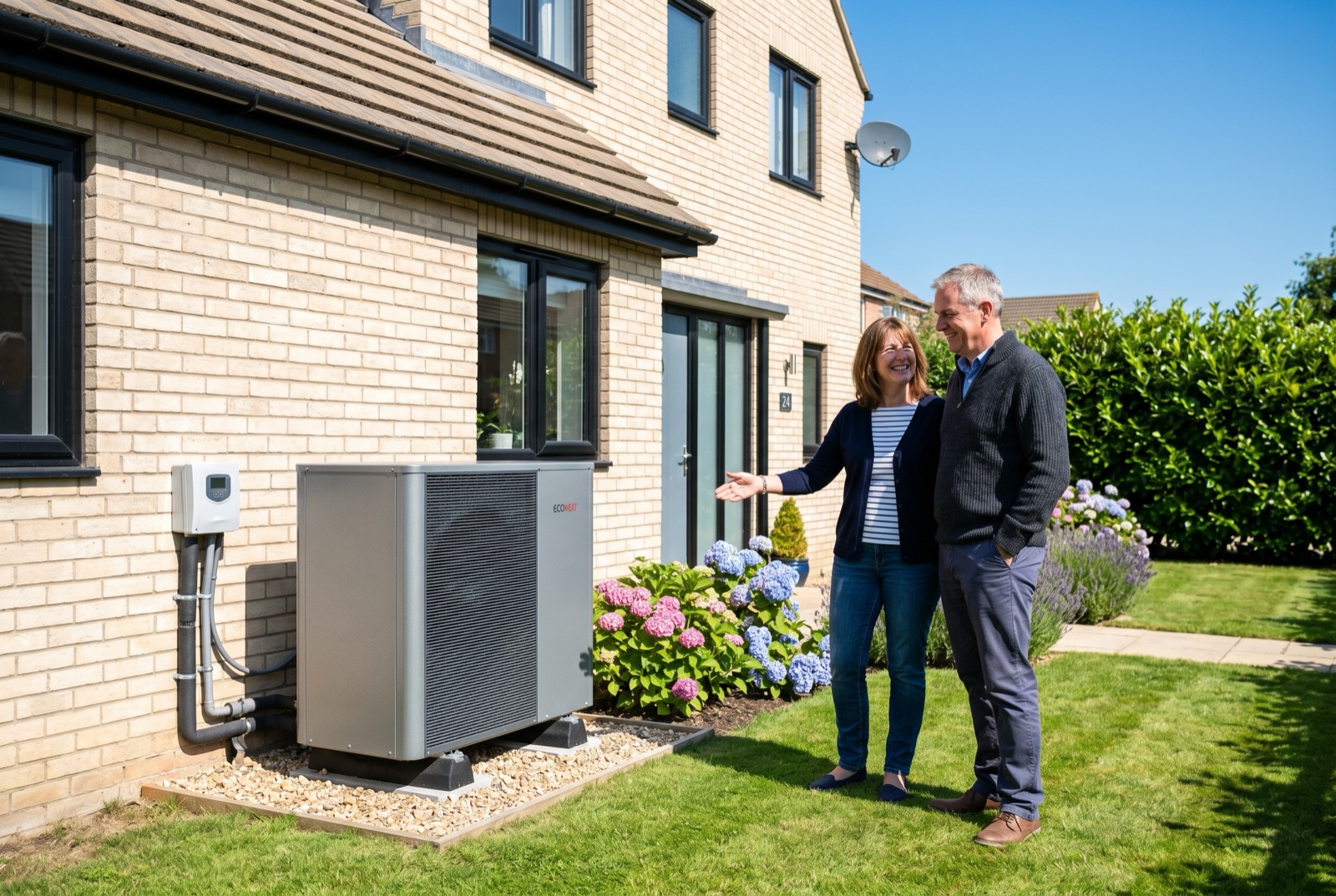 A newly installed air source heat pump beside a UK home with a pleased homeowner couple