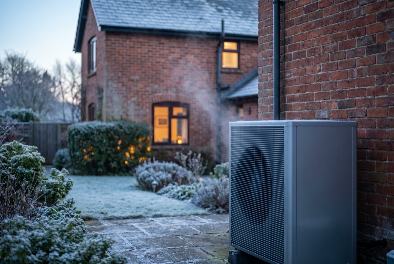 An air source heat pump running beside a UK home on a frosty winter morning