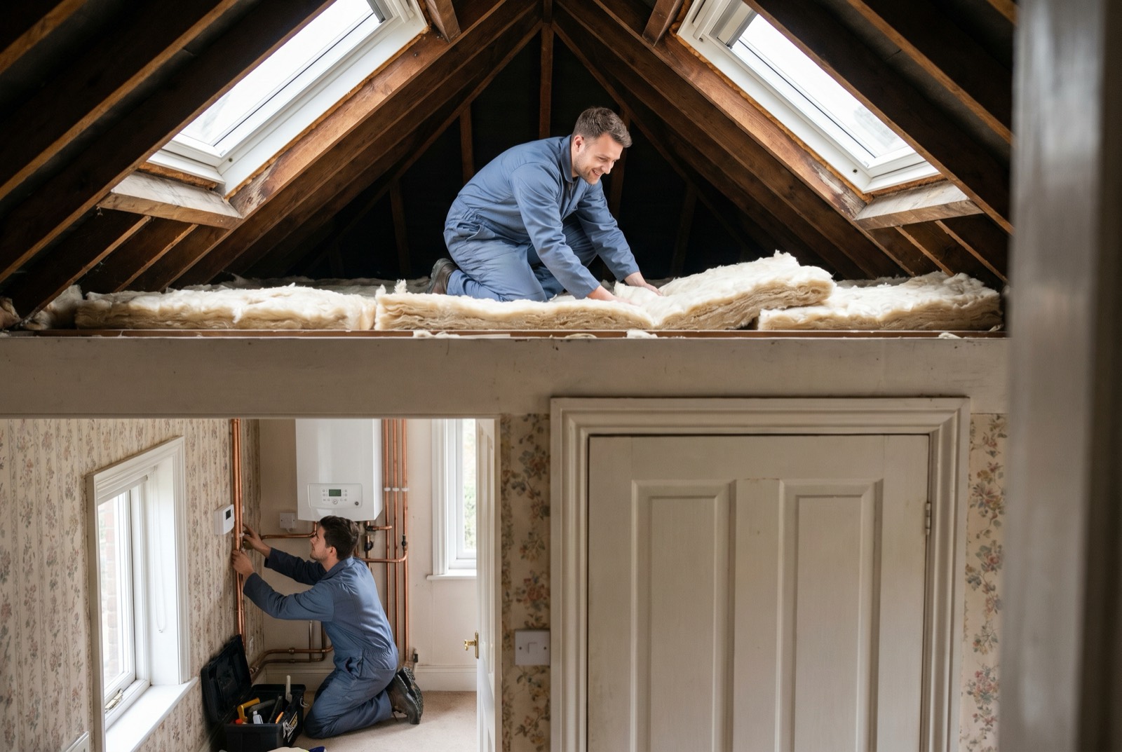 An installer fitting insulation and heating upgrades under the ECO4 scheme in a UK home