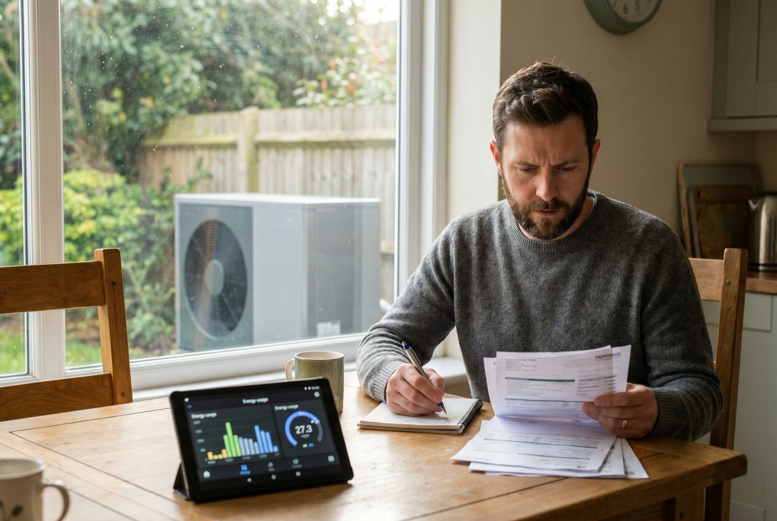 A homeowner comparing heat pump and gas boiler running costs on a home energy monitor