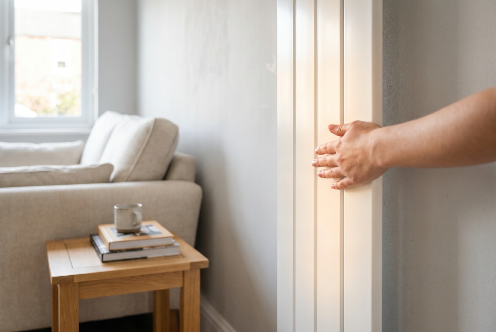 A modern low-temperature radiator in a bright UK living room heated by a heat pump