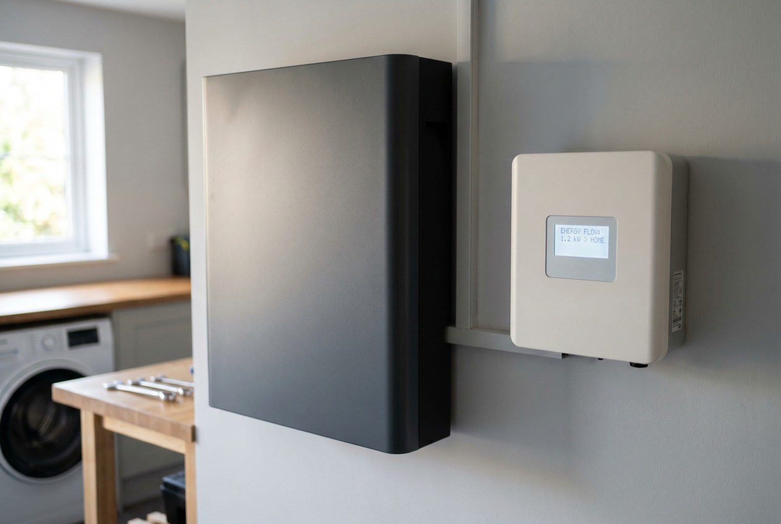 A sleek home battery storage unit wall-mounted in a UK garage