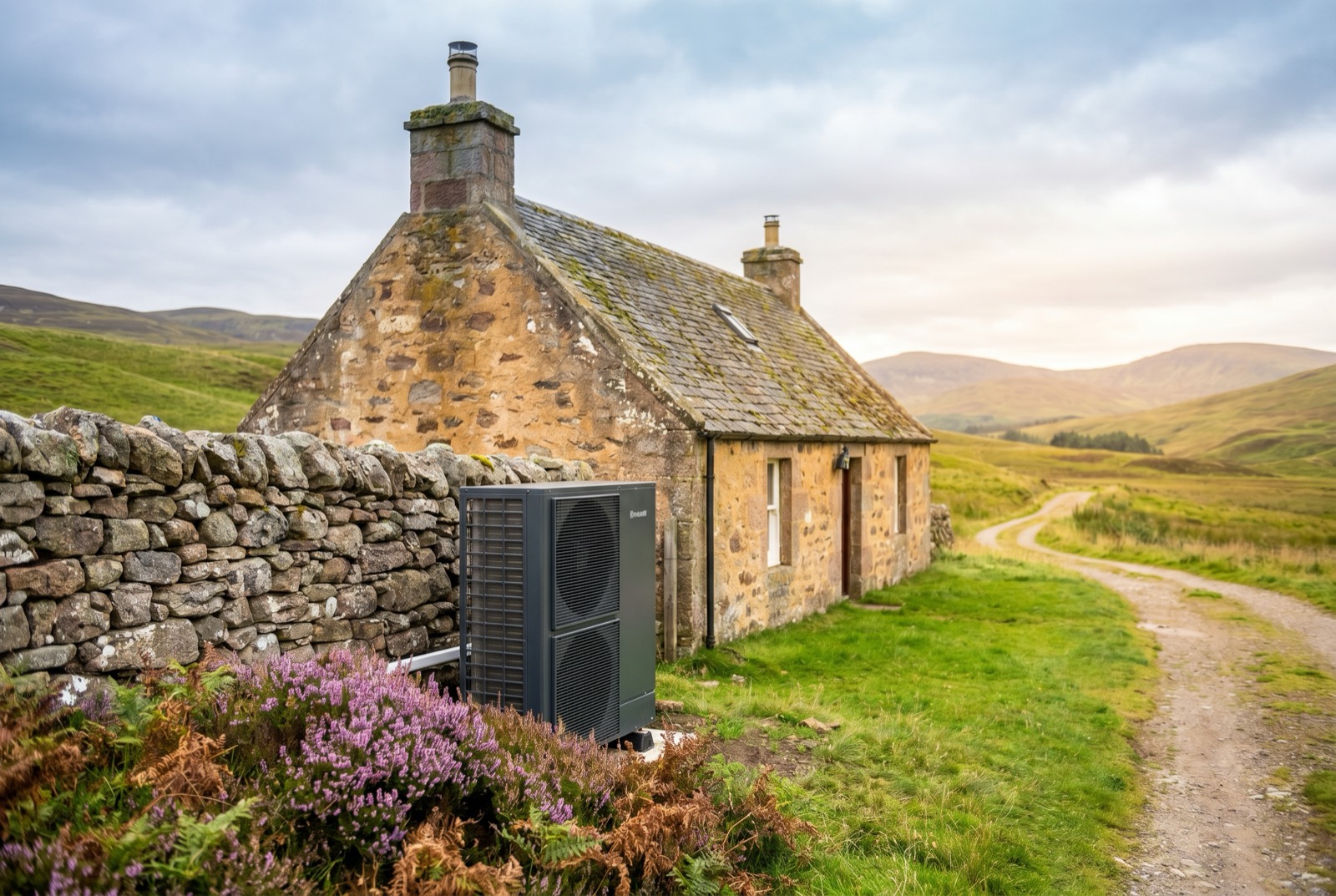 A traditional Scottish home with a modern air source heat pump installed beside it