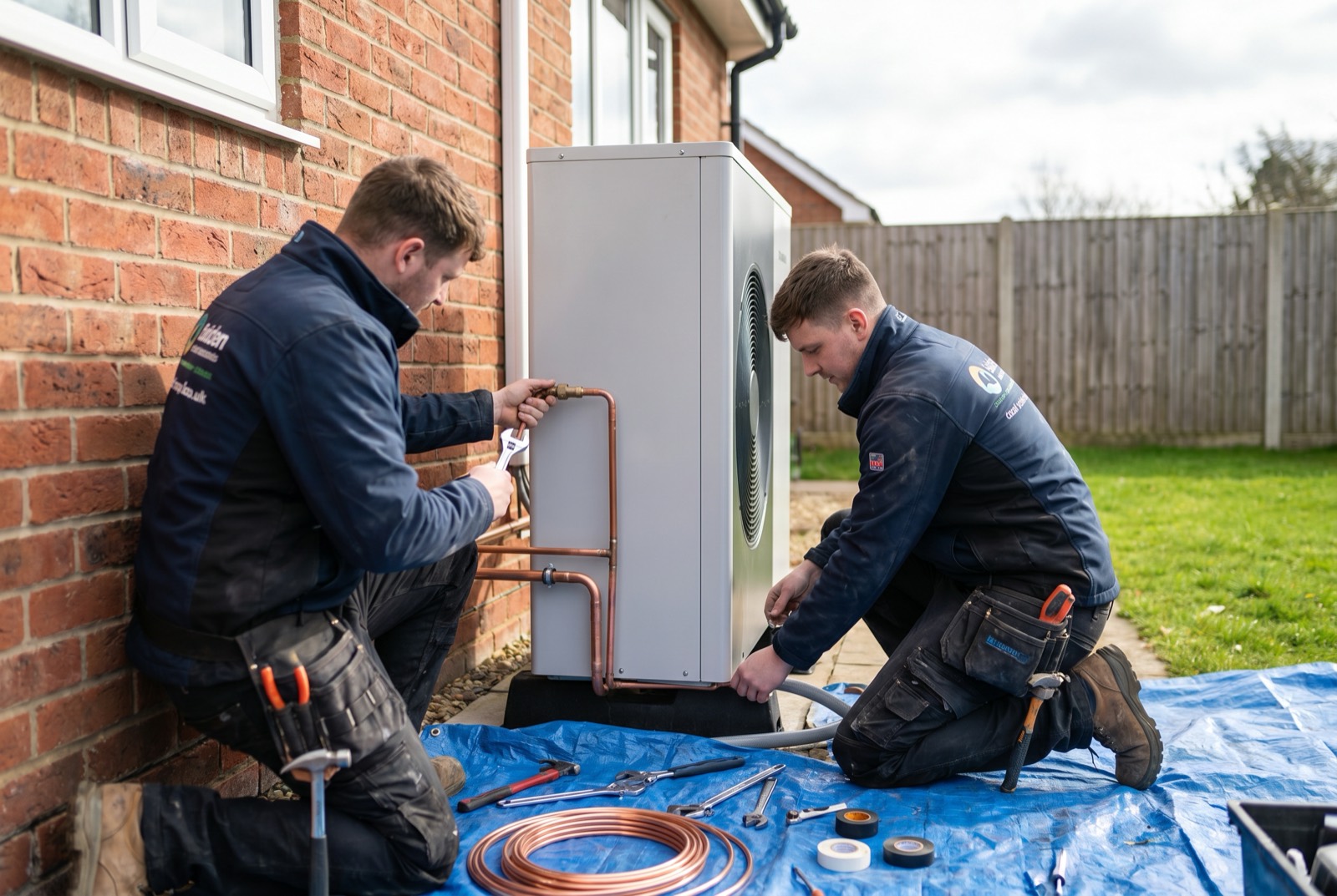 Installers fitting an air source heat pump beside a UK house during installation