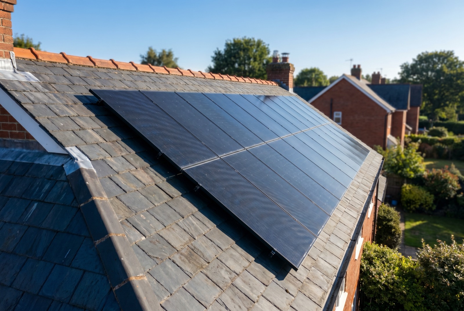 A neat array of solar PV panels on a south-facing UK roof