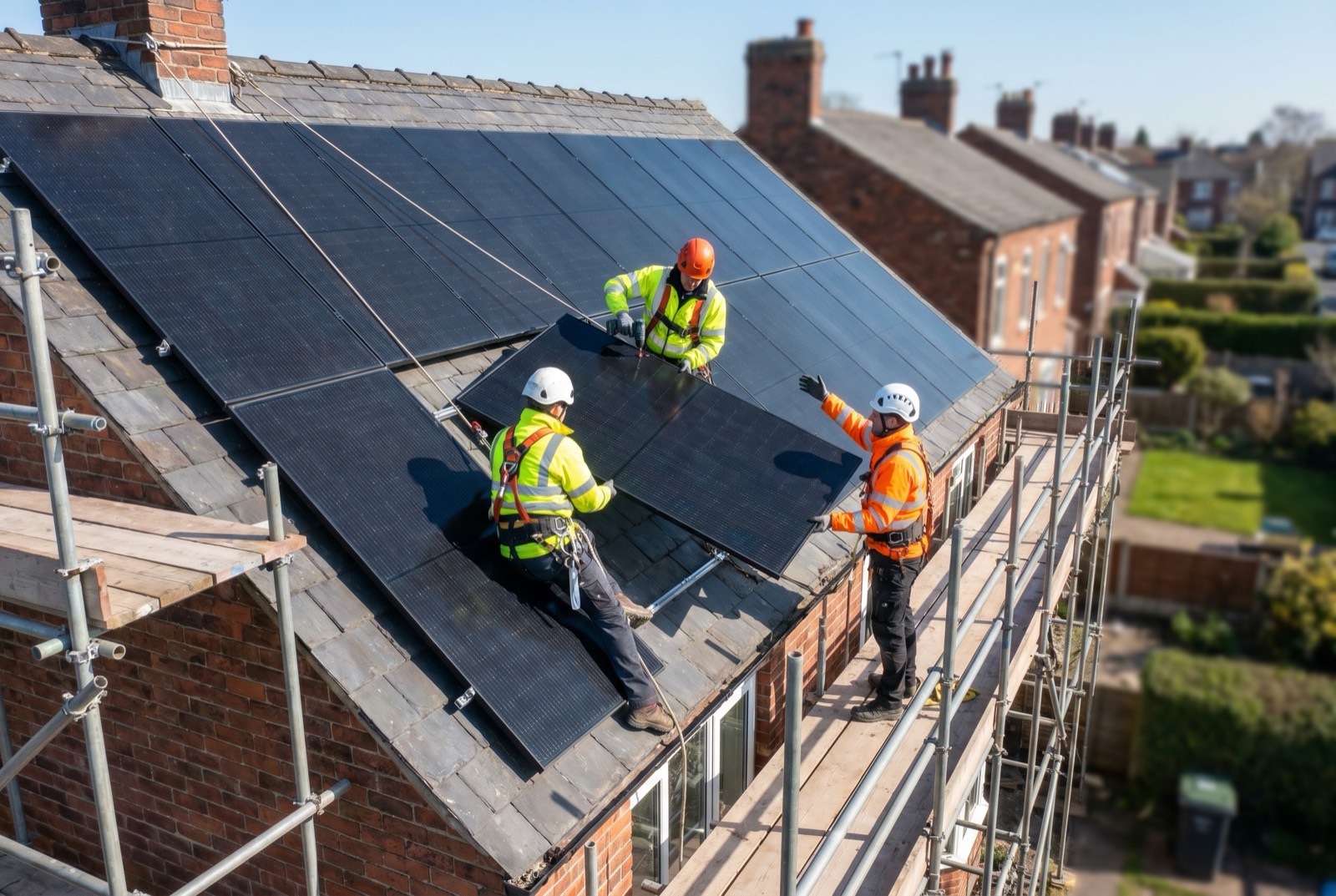 Installers fitting solar PV panels onto the roof of a UK home