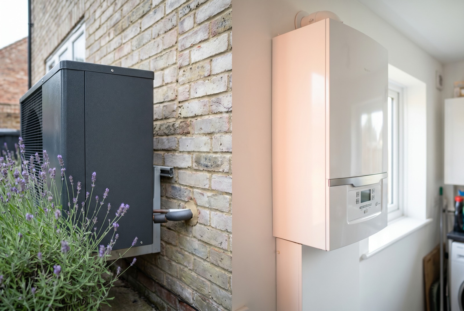 A hybrid heating system pairing an air source heat pump with a gas boiler in a UK home