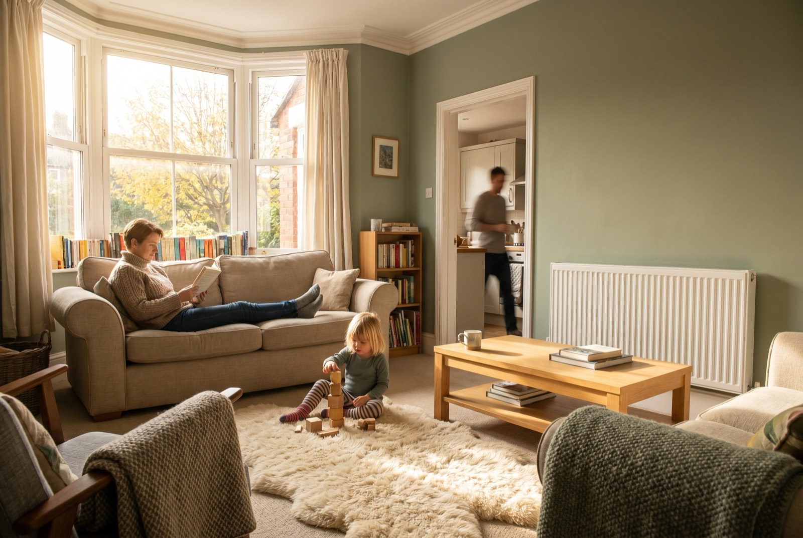 A cosy, warm and well-insulated UK living room with a family relaxing