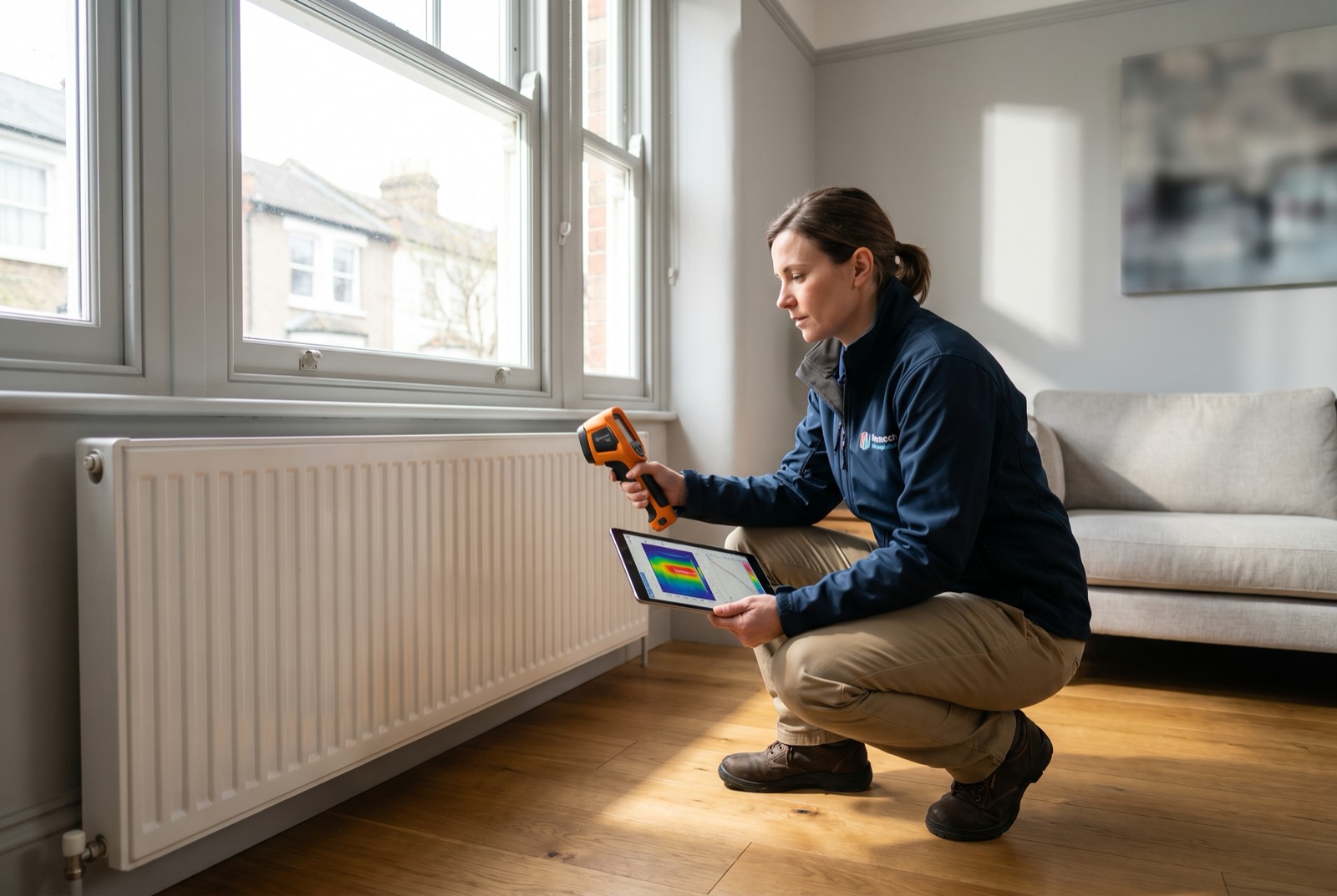 A heating engineer carrying out a heat-loss survey to size a heat pump in a UK home