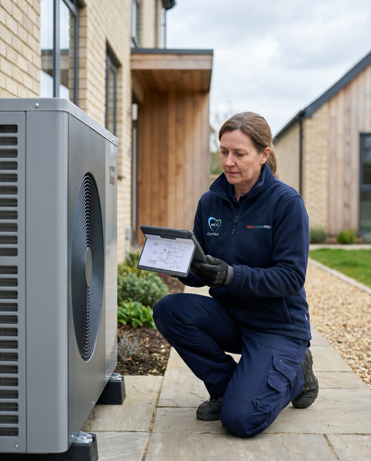 An MCS-certified engineer commissioning an air source heat pump at a UK home